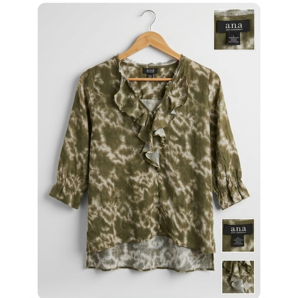 a.n.a A New Approach Petite Medium Green Tie‎ Dye Ruffle V-Neck Blouse Top